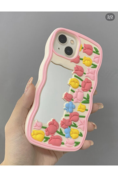 EDELFU iPhone 15, 14 VE 13 - Aynalı, 3D Lale Desenli, Yumuşak Silikon Dalgalı Telefon Kılıfı (Krem/Pembe)