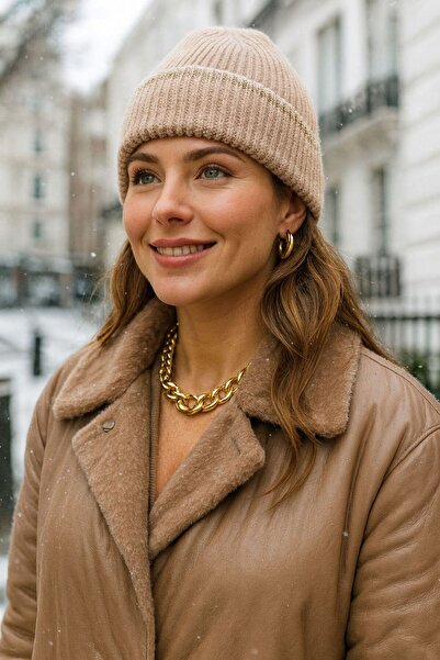 BALIENTE Beretă pentru femei cu detaliu cu dungi argintii Camel