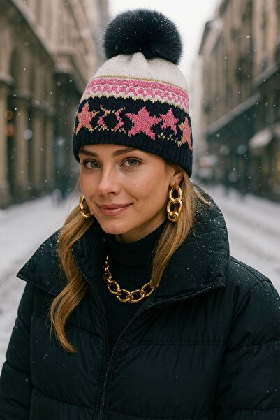 BALIENTE قبعة نسائية سوداء منقوشة مع بوم بوم