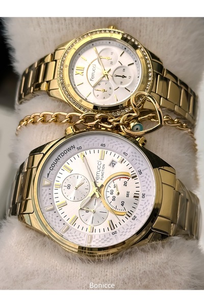 Ferrucci ساعات للعشاق، سوار فولاذي بلون أصفر ذهبي، في علب هدايا منفصلة مع سوا...