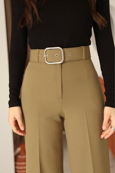 Leo Ferre Green Women's Belted Palazzo Slim Fit Trousers.1025.