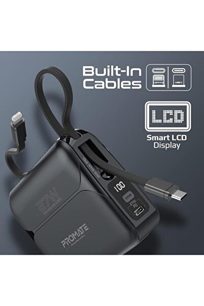 Promate Power Bank with Built-in Cables Wall Charger 20000mAh USB-C PD Cable 22.5W