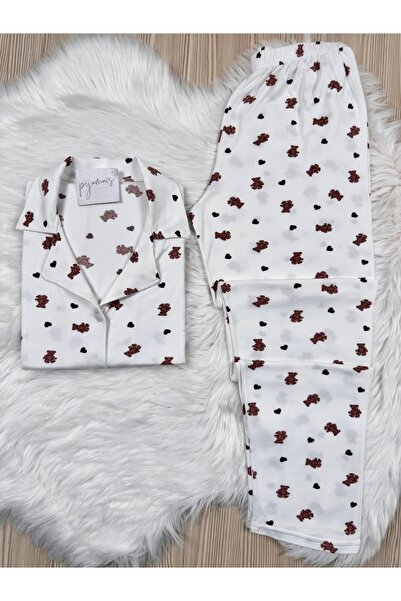 Pijamacs Kahverengi Kalp Detaylı Ayıcık Desenli Uzun Kol Yumuşak Hissiyatlı Pijama Takımı