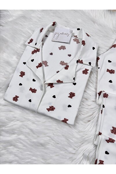 Pijamacs Kahverengi Kalp Detaylı Ayıcık Desenli Uzun Kol Yumuşak Hissiyatlı Pijama Takımı