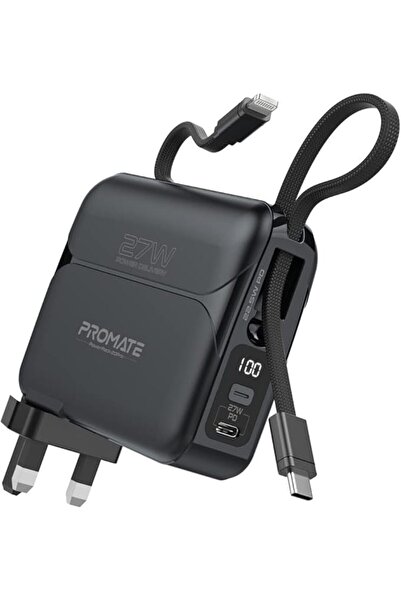 Promate Power Bank with Built-in Cables Wall Charger 20000mAh USB-C PD Cable 22.5W