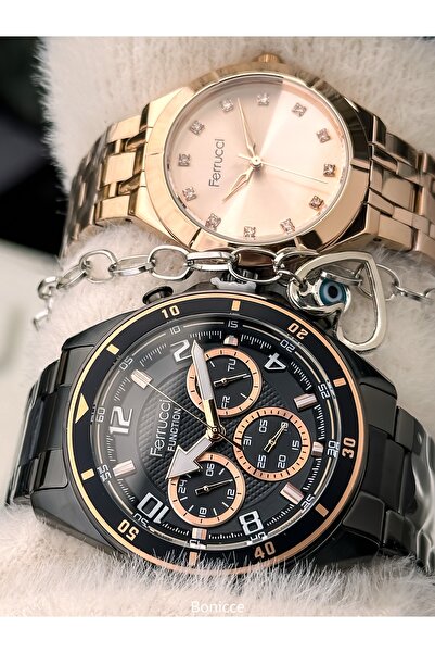 Ferrucci Couple Watches, Black Rose Color Steel Band, Gift in Separate Boxes with Bracelet Gift