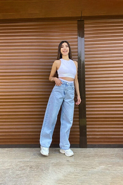 mooishan Women's Blue High Waist Zipper Wideleg Jeanwomen's L Stretch Fabric ...