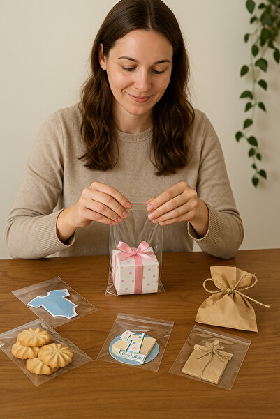 DİYA3 100 lü Kurabiye Şeker Parti Baby Shower Doğum günü Hediyelik Kendinden Yapışkanlı Jelatin Poşet