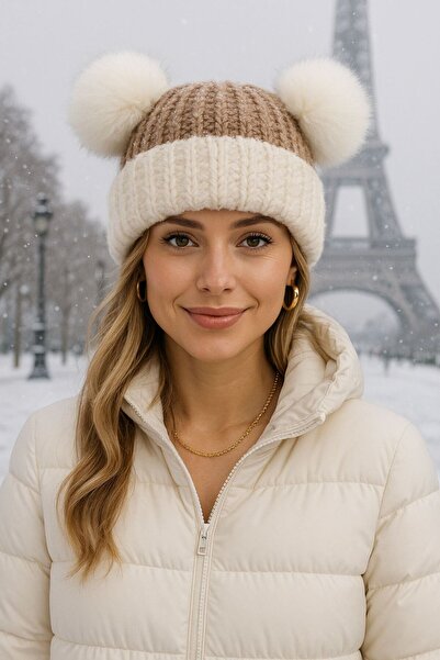 BALIENTE White Pompom Knitted Women's Beanie