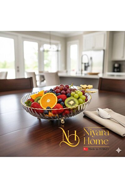 Niyara home Luxury Gold Detailed 30cm Deep Glass Bowl Footed Fruit Bowl & Serving Bowl