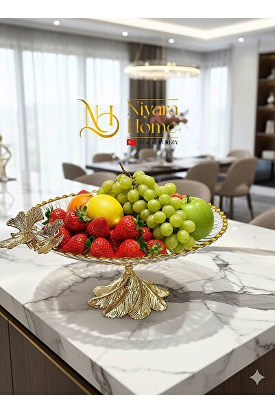 Niyara home Lüks Yaprak Detaylı 30cm Cam & Metal Ayaklı Meyvelik / Sunumluk