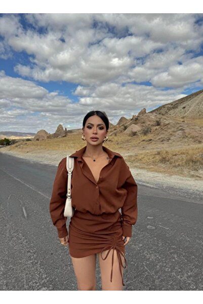 aytenli Μίνι φόρεμα πουκάμισο με μισό κουμπιά στο γιακά πουκάμισου, με κορδόνι που δένει το κορδόνι, φαρδιά μπλούζα, φαρδιά μπλούζα με στενό μανίκι