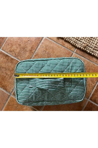 Halımax Green Plaid Pattern Travel Bag Zippered Compartment Airwrap Compatible Makeup Bag Organizer