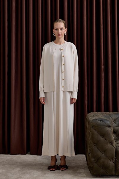 Hilay Elsa Düğmeli İçlik Elbiseli Triko Takım TAŞ