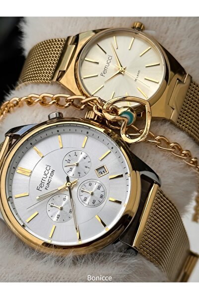 Ferrucci Couple Watches, Yellow Color Steel Mesh Band, Gift in Separate Boxes with Bracelet Gift