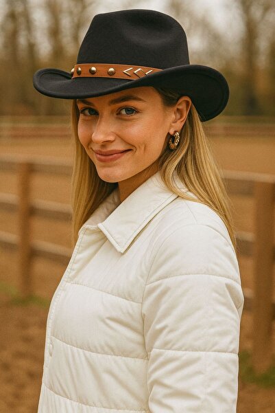 BALIENTE قبعة كاوبوي نسائية سوداء مع تفاصيل شريطية