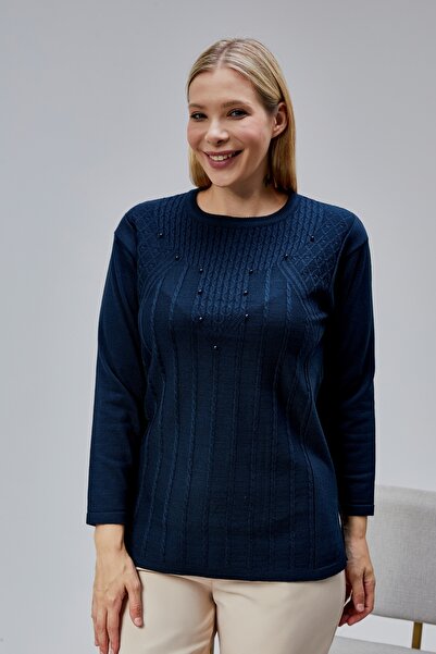 Jinx Wear Fashion Kadın Triko Yan Yırtmaç İnci Detay Kışlık Orta Yaş Günlük Anne Bluz Kazak