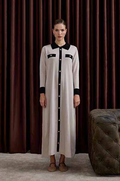 Hilay Amanda Deri Kemerli Çift Renk Triko Elbise TAŞ