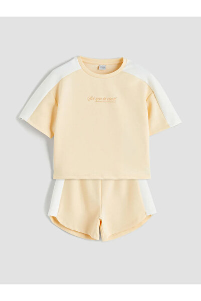 LC Waikiki Lcw Kids Orange Crew Neck Soft Touch Girls T-Shirt and Shorts