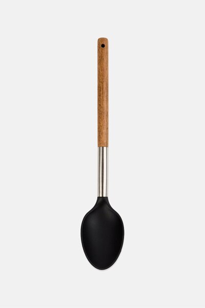 Kitchenera Silicone Solid Spoon With Wooden Handle, Black