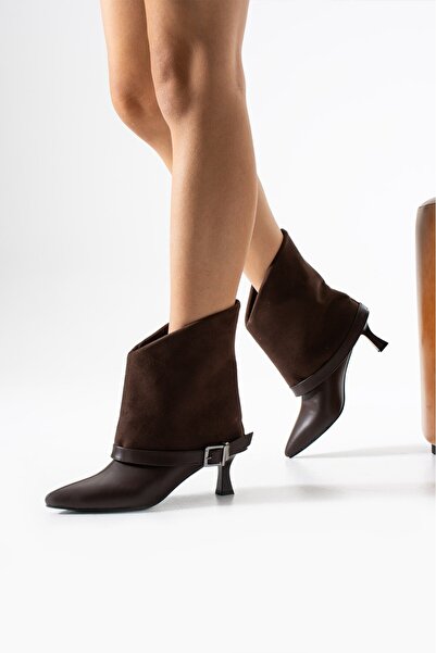 MissPapatya SERINA Γυναικείες μπότες με λεπτό τακούνι σε καφέ χρώμα με λεπτομέρειες από δέρμα σουέτ