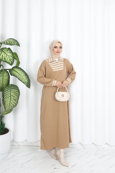 NİSUM MODA Ριγέ φόρεμα με φερμουάρ και δύο κορδόνια