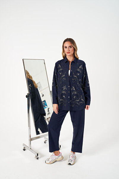 MİA NOURA ЖІНОЧИЙ КОМПЛЕКТ З БЛУЗКОЮ ТА ШТАНАМИ З БІСЕРНОЮ ВИШИВКОЮ З ТАНСЕЛЬНОЇ ТКАНИНИ