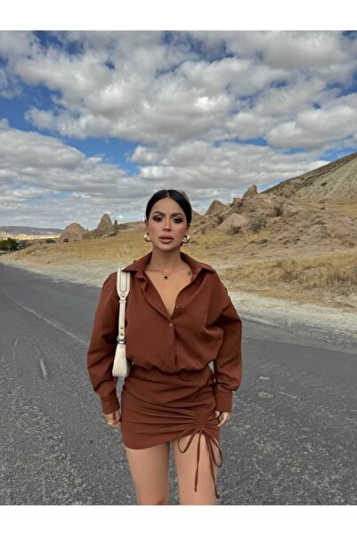 aytenli Μίνι φόρεμα πουκάμισο με μισό κουμπιά στο γιακά πουκάμισου, με κορδόνι που δένει το κορδόνι, φαρδιά μπλούζα, φαρδιά μπλούζα με στενό μανίκι