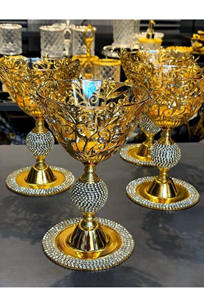 Niyara home 6-Piece Luxury Crystal Stone Gold Metal Leg Glass Ice Cream Bowl & Bowl Set