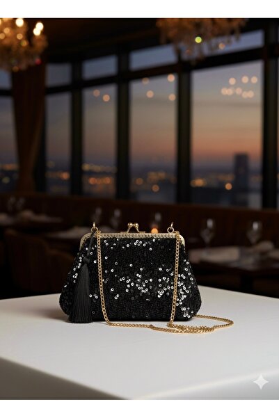 Home 25x15 ölçülerinde Siyah Pullu Kadife Kumaş El Yapımı Vintage Tarzı Abiye Çanta.%100 El Emeği