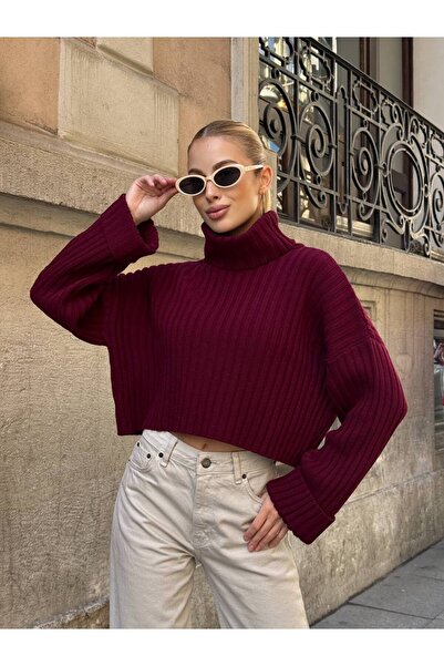 Le Savu Tricotaj material reiat cu gât roșu Pulover crop cu supradimensionat ...