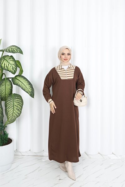 NİSUM MODA Ριγέ φόρεμα με φερμουάρ και δύο κορδόνια