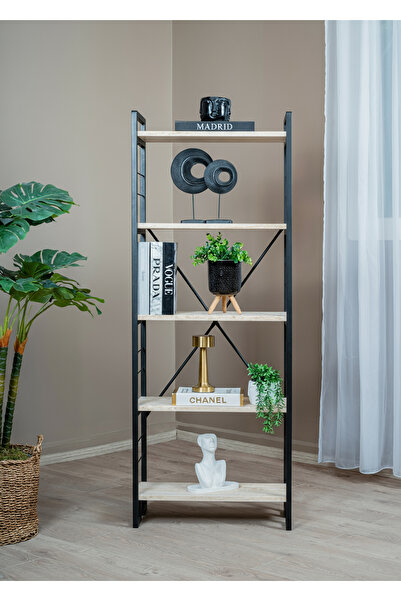 Uyan Ev Ürünleri Traverten Ahşap Raflı 5 Katlı Kitaplık Metal Gövde Dekoratif...