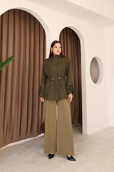 Hazel Kadın Haki Kapüşonlu Katlama Kol Detaylı Trençkot