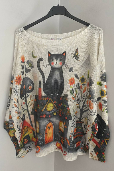 AYASOFYA OTANTIK Γυναικείο πουλόβερ με μοτίβο γάτας από ανθρακί ιταλικό μερσεριζέ με μανίκια νυχτερίδας