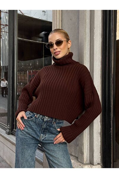 Le Savu Tricotaj material reiat Pulover crop maro cu supradimensionat mâneci ...