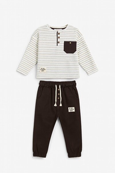 Magu Boys' Cotton Ecru Striped Pocket Sweatshirt & Brown Sweatpants Set - Button Detail