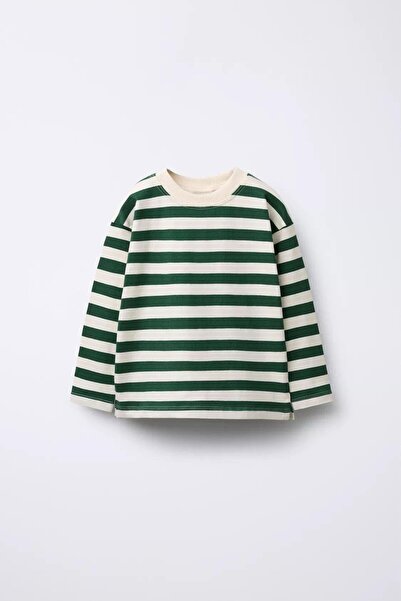 Magu Unisex Çocuk Pamuklu Yeşil Çizgili Uzun Kollu Sweatshirt - Rahat Kalıp