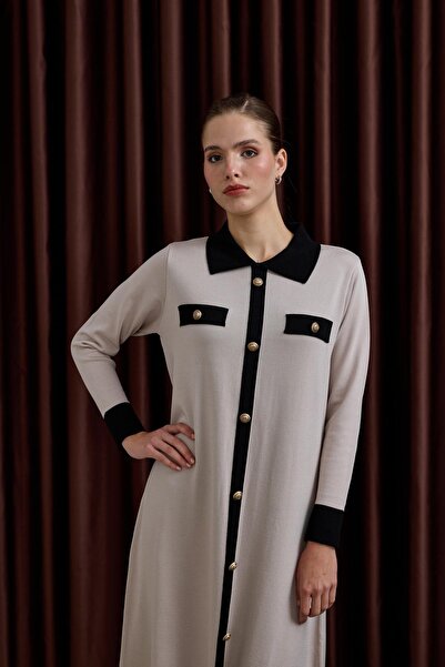 Hilay Amanda Deri Kemerli Çift Renk Triko Elbise TAŞ