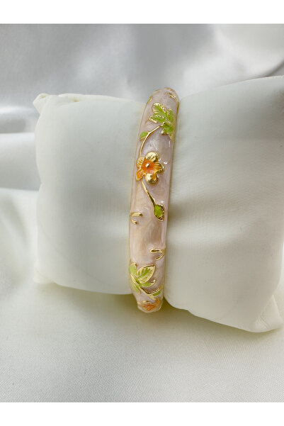 Raha Butik Renkli Çiçek Desenli Pudra Vintage Mineli Kelepçe Bileklik