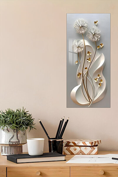 kutuTR Altın Çiçek ve Kıvrımlı Yaprak Desenli Temperli Cam Dik Tablo 30x60 cm...