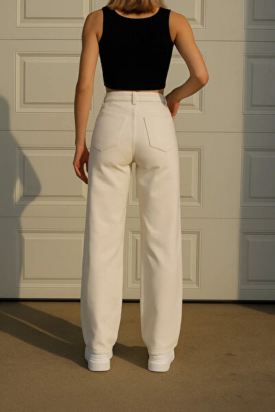 mooishan KREM Fermuarlı Wideleg Bol Paça Palazzo Jean Pantalon Kadın Likralı Yüksek Bel Jeans*2