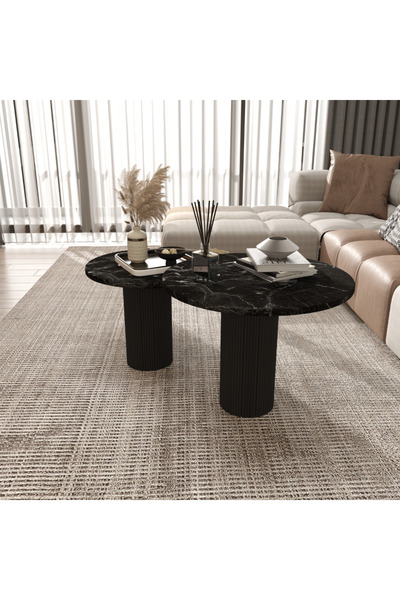 klubeconcept Mermer Desenli Modern Yan Sehpa Seti 2 li Yivli Silindirik Ayakl...