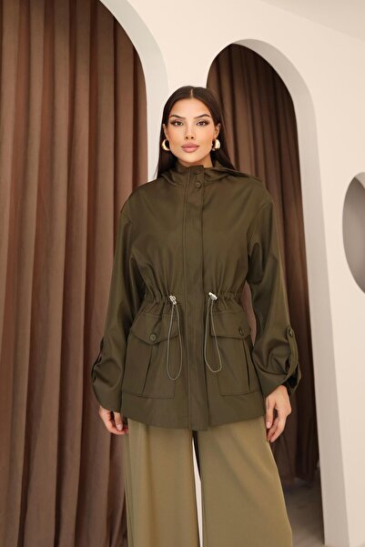 Hazel Kadın Haki Kapüşonlu Katlama Kol Detaylı Trençkot
