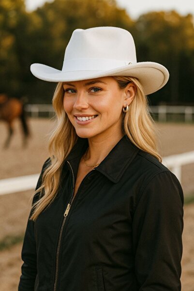 BALIENTE قبعة كاوبوي نسائية بيضاء مع تفاصيل إكسسوارات