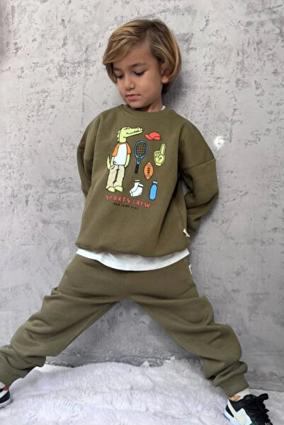 Kidmark Çocuk Modası طقم رياضي للأولاد مطبوع باللون الأخضر