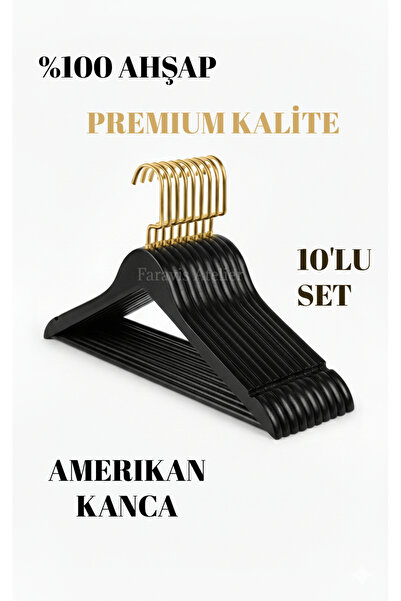 Faravis Atelier Beyaz Siyah Ceviz Ahşap Lüks Askı Kıyafet Elbise Gömlek Ve Pantolon Askısı Amerikan Kanca 10 Adet
