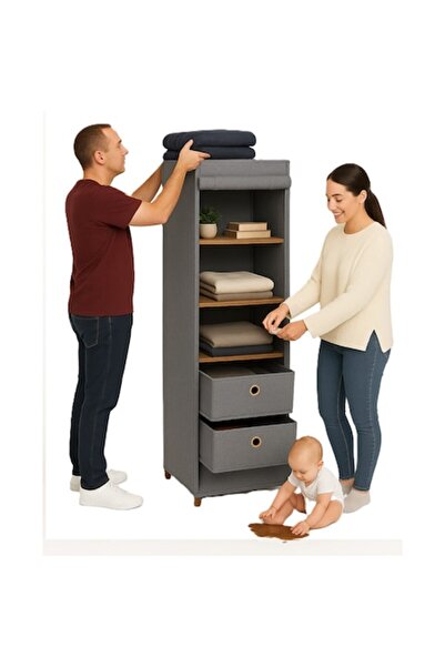 OEM Slim Wooden Cabinet with Textile Drawers 113 x 42 x 28 cm - Dark Gray