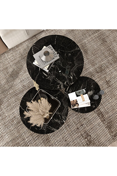 klubeconcept Mermer Desenli Modern Orta Sehpa Seti 3’lü Yivli Silindirik Ayak...