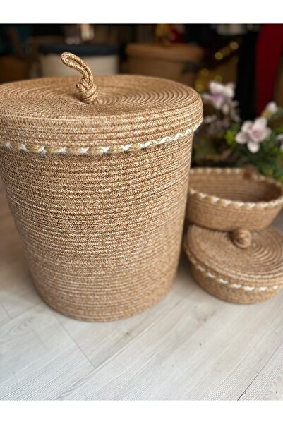 Ahs Tasarım Premium Doğal Jüt Örgü 3’lü Kapaklı Sepet Seti – El İşçiliği Lüks...